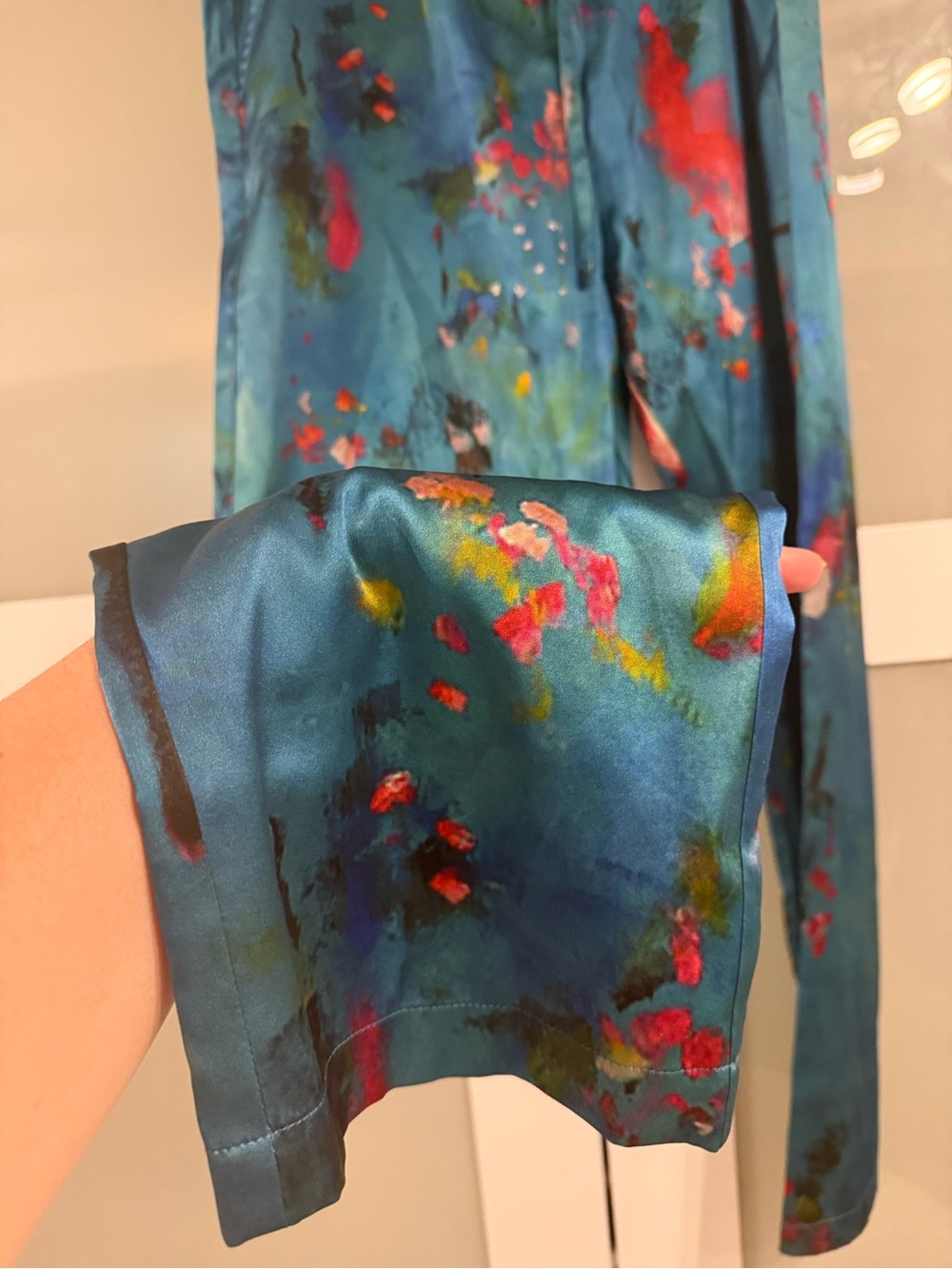 Johnny Was Teal Silk Blend Straight-Leg Pants with Multicolor Abstract Accents - Picture 3 of 6